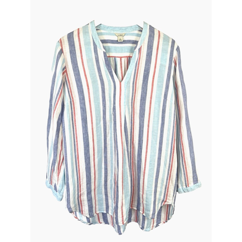 LL Bean Womens Striped 100% Linen Tunic Top Sz L Preppy Breezy Coastal Nautical